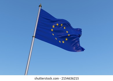 Flag Of The European Union Waving In The Wind On Flagpole Against The Blue Sky. Close-up Of Single European Flag With Twelve Yellow Stars Arranged In A Circle. 3D Illustration