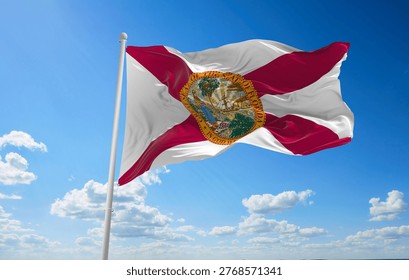 flag of Florida at cloudy sky background on sunset. Patriotic concept about state. 3d illustration.