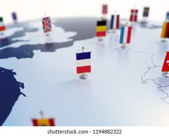 Flag Of France In Focus Among Other European Countries Flags. Europe Marked With Table Flags 3d Rendering