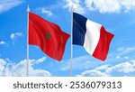 Flag of France and Morocco in high quality. Background of diplomatic and economic relations. Official visits between the two countries. Cooperation and partnership agreements. Strategic cooperation.