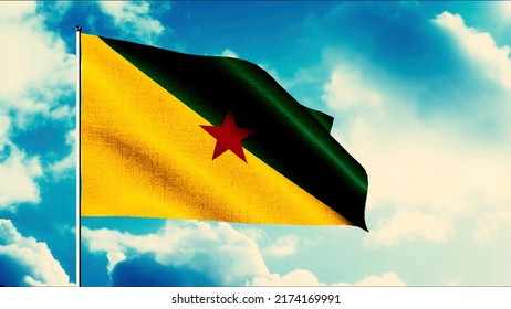 The Flag Of The French Guina. Motion. Green And Yellow Flag With A Red Star In The Middle In The Animation.