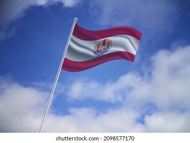 Flag Of The French Polynesia On A Stick, Dark Clouds In The Background, Illustration