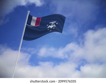 Flag Of The French Southern And Antarctic Lands On A Stick, Dark Clouds In The Background, 3D Illustration