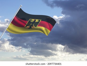 Flag Of The Germany On A Stick, Dark Clouds In The Background, Illustration