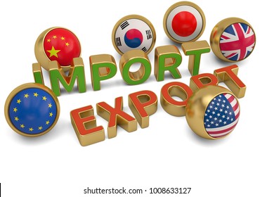 Flag gold ball and import export words on white background.3D illustration.