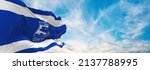 flag of Holon , Israel at cloudy sky background on sunset, panoramic view. Israeli travel and patriot concept. copy space for wide banner. 3d illustration