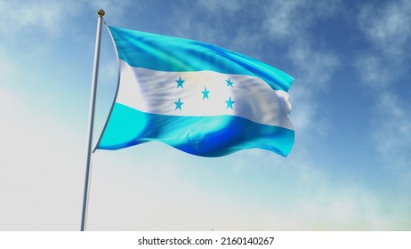 Flag Of Honduras Waving In A Wind With Beautiful Blue Sky Background And Small Clouds 3d Illustration