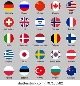 Flag Icon Set. Round Or Circle Flags Of USA, UK, Holland, Germany, Italy, Canada, France, Russia, China, Finland, Norway, Sweden, Australia,  Israel, Japan, Switzerland, Korea.