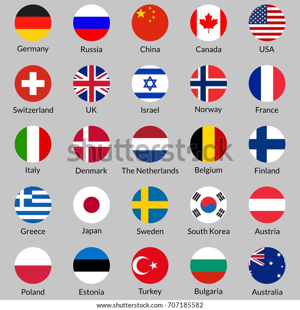 フラグアイコンセット 米国 英国 オランダ ドイツ イタリア カナダ フランス ロシア 中国 フィンランド ノルウェー スウェーデン オーストラリア イスラエル スイス 韓国の丸い国旗または円旗 のイラスト素材