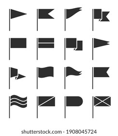 Flag Icons. Waving Pennant, Black Silhouette Flags Banners. Gps Location Pin Map Elements, Event Start Ui Signs Set