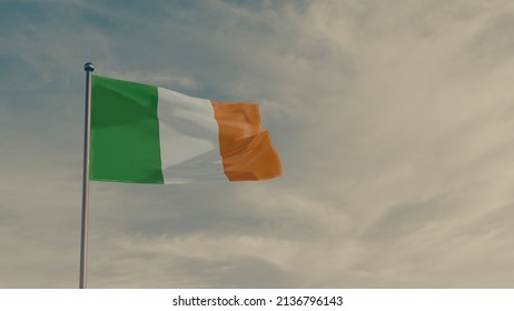 Flag Of Ireland In The Wind Against The Backdrop Of A Dramatic Sunset Sky, Easter Rising Day. 3d Render