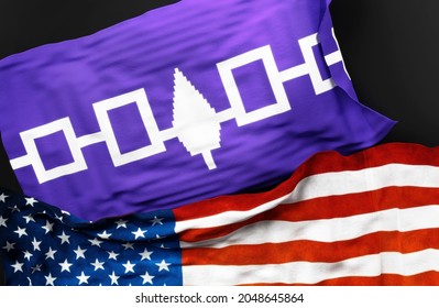 Flag of the Iroquois Confederacy along with a flag of the United States of America as a symbol of unity between them, 3d illustration