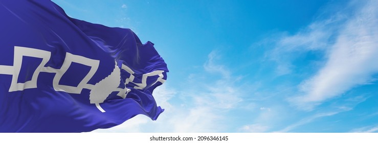 flag of Iroquois Confederacy , Canada at cloudy sky background on sunset, panoramic view. Canadian travel and patriot concept. copy space for wide banner. 3d illustration