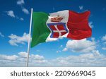 flag of Italy 1861 1946 crowned, Europe at cloudy sky background. flag representing extinct country,ethnic group or culture, regional authorities. copy space for wide banner. 3d illustration