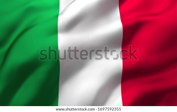 Flag of Italy blowing in the wind. Full\
page Italian flying flag. 3D\
illustration.