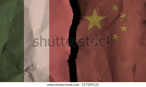 Flag of\
the italy and china painted on old torn dirty wrinkled paper\
divided with crack ,conflict - relations\
concept
