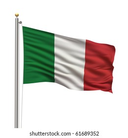 Flag Of Italy With Flag Pole Waving In The Wind Over White Background