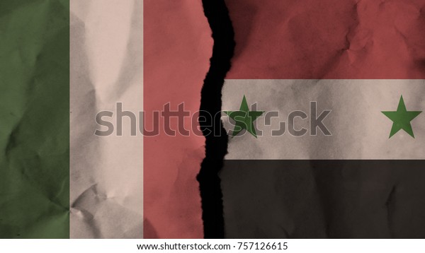Flag of\
the italy and syria painted on old torn dirty wrinkled paper\
divided with crack ,conflict - relations\
concept