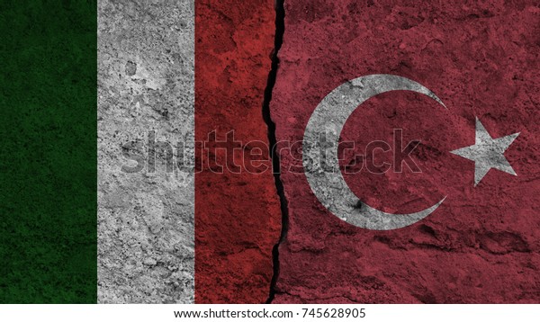 Flag of the Italy and\
Turkey painted on wall divided with crack ,conflict - relations\
concept