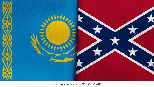 Flag of Kazakhstan and Confederate - 3D illustration. Two Flag Together - Fabric Texture