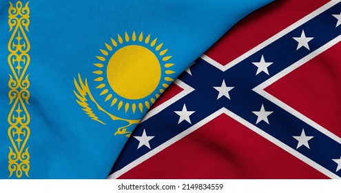 Flag of Kazakhstan and Confederate - 3D illustration. Two Flag Together - Fabric Texture