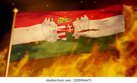 Flag Of The Kingdom Of Hungary (1896–1915) Burning In War, Crisis, Forest Fire, Collapse