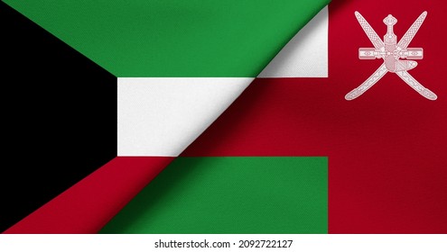Flag of Kuwait and Oman - 3D illustration. Two Flag Together - Fabric Texture