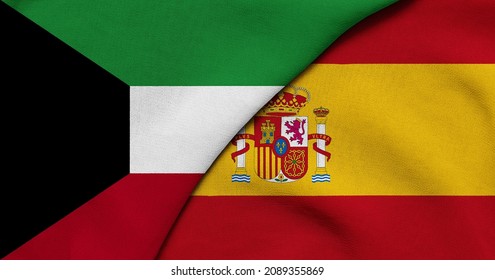 Flag of Kuwait and Spain - 3D illustration. Two Flag Together - Fabric Texture