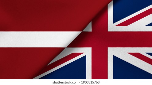 Flag of Latvia and Great Britain - 3D illustration. Two Flag Together - Fabric Texture