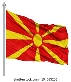Flag of Macedonia with flagpole waving in the wind against white background