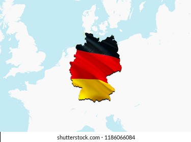 Flag Map of Germany. 3D rendering Germany map and flag on Europe map. The national symbol of Deutchland. Federal Republic of Germany. German flag on Europe background. National German flag on Europe 
