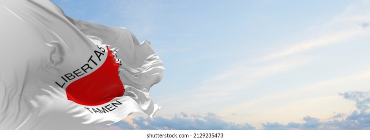 flag of Minas Gerais , Brazil at cloudy sky background on sunset, panoramic view. Brazilian travel and patriot concept. copy space for wide banner. 3d illustration