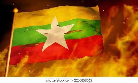 Flag Of Myanmar (formerly Burma) Burning In War, Wildfire, Crisis, Collapse (3D Render)