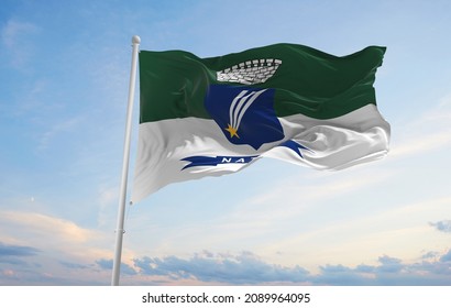 Flag Of Natal , Brazil At Cloudy Sky Background On Sunset, Panoramic View. Brazilian Travel And Patriot Concept. Copy Space For Wide Banner. 3d Illustration