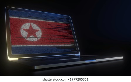 Flag Of North Korea Made With Computer Code On The Laptop Screen. Hacking Or Cybersecurity Related  3D Rendering