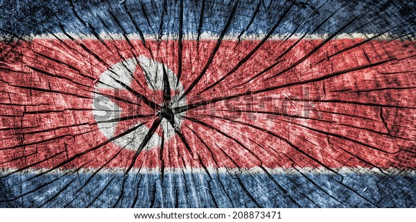 Flag of North\
Korea on cracked wooden\
texture