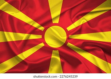 Flag of North Macedonia, 3D illustration of North Macedonia flag blowing in the wind, Flag of North Macedonia on silk fabric in the wind, Windy textile North Macedonia flag. 3D illustration. - Powered by Shutterstock