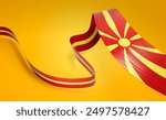 Flag Of North Macedonia Waving North Macedonia Ribbon Flag On Yellow Background 3d Illustration