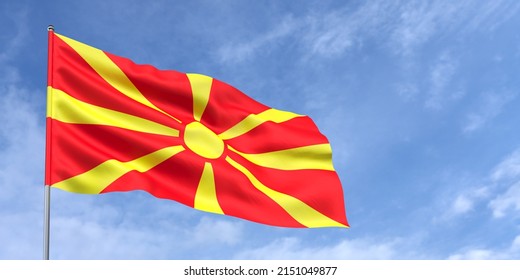 Flag of Northern Macedonia on flagpole on blue sky background. Macedonian flag fluttering in the wind against a sky with white clouds. Place for text. 3d illustration.