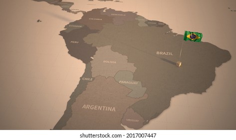 Flag on the map of brazil.
Vintage Map and Flag of South America, Latin American Countries Series 3D Rendering