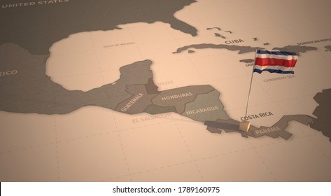 Flag On The Map Of Costa Rica.
Vintage Map And Flag Of Central America, Caribbean Countries Series 3D Rendering
