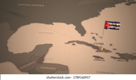 Flag On The Map Of Cuba.
Vintage Map And Flag Of Central America, Caribbean Countries Series 3D Rendering