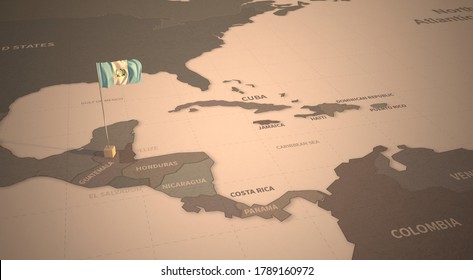 Flag on the map of guatemala.
Vintage Map and Flag of Central America, Caribbean Countries Series 3D Rendering
