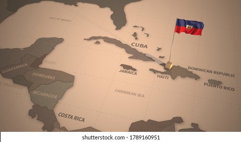 Flag On The Map Of Haiti.
Vintage Map And Flag Of Central America, Caribbean Countries Series 3D Rendering
