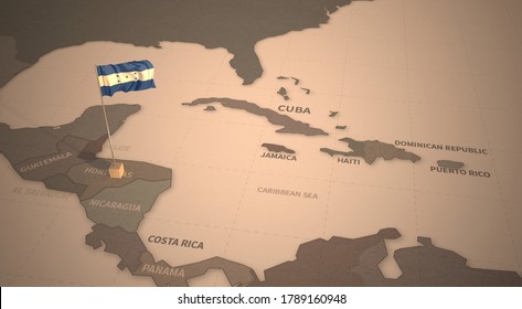 Flag On The Map Of Honduras.
Vintage Map And Flag Of Central America, Caribbean Countries Series 3D Rendering
