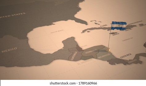 Flag On The Map Of Nicaragua.
Vintage Map And Flag Of Central America, Caribbean Countries Series 3D Rendering
