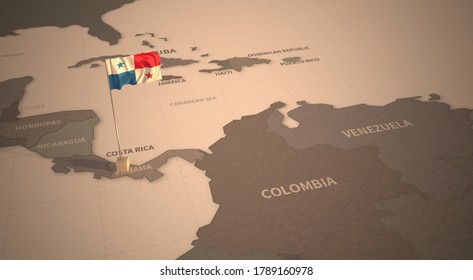 Flag On The Map Of Panama.
Vintage Map And Flag Of Central America, Caribbean Countries Series 3D Rendering
