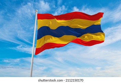 flag of Overijssel , Netherlands at cloudy sky background on sunset, panoramic view. Dutch travel and patriot concept. copy space for wide banner. 3d illustration