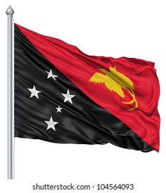 Flag of Papua New Guinea with flagpole waving in the wind against white background