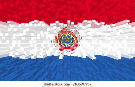 Flag of Paraguay . PY patriotism banner. Paraguay  national symbol. State banner of capital  Asuncion . Nation independence day PRY. Flag with effect of extrusion, growing blocks. 3D Image